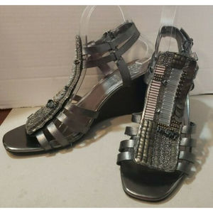 VINCE CAMUTO BRIANNE GLADIATOR WEDGE SANDALS LEATHER GUNMETAL BEADS SEQUINS 8.5‎